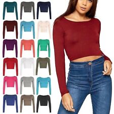 Womens Casual Long Sleeve Crop Top Ladies Scoop Neck Plain Printed T Shirt Top