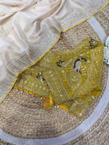 White saree with green fully - green,