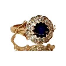 9ct Gold, Antique & Large Blue Sapphire & Diamond Halo Ring, Size O & a Half. 