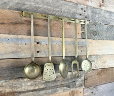 5 VINTAGE BRASS KITCHEN UTENSILS HOOKS RACK LADLE FORK SPOON SKIMMER SET ANTIQUE