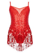 Girls Sequins Sparkling Tassel Latin Dance Dresses Costume Tango Rumba Dancewear