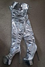 Silver Chrome Drag Fetish Thigh Boots Size 265 9