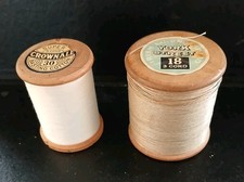 Vintage Lot of 2 Large Wooden Cotton Reels Bobbins with cotton.  Old, Early.