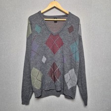 C&A Argyle Jumper Mens Size M Vintage Grey V Neck Retro Baggy Oversized Grunge