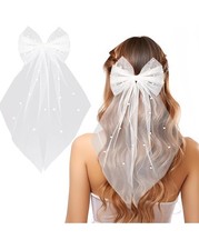 Bridal Veil Short with Pearls and Barrette White Elegant Tulle, Soft Bridal.....