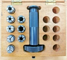 MYFORD COLLET CHUCK CLOSING TUBE AND NOSE PIECE With 8 Collets in wooden box
