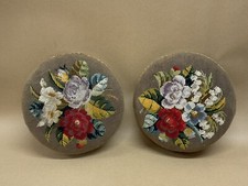Antique Pair of WoodAnd Wool Tapestry Floral Round Foot Stools Victorian C1880