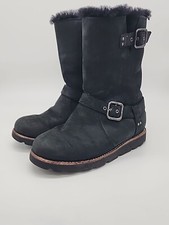 UGG Noira Black Leather Moto Strap Sheepskin Mid Calf Boots Sz 5