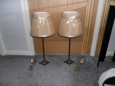 2 x SHABBY CHIC TABLELAMPS WITH PLEATED SHADES METAL CANDLESTICK BASES