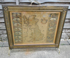 Vintage Large Brass & Wood Fire Screen Gold Blaeu Map Good Condition Please Read