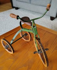 Antique Toy Tricycle Wooden Seat/ Handlegrips, Metal Wheels Pedals Frame 11x11