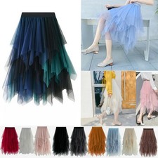 Women Elastic High Waist Mesh Tulle Tutu Skirt Layered Pleated Long Maxi Dress