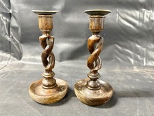 VINTAGE PAIR OF BARLEY TWIST WOODEN CANDLESTICK HOLDERS EDWARDIAN TREEN