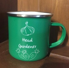 NEW "Head Gardener"  - 11oz Green Enamel mug with white print