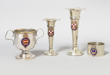 Collection of 4 Silver-Plated Maritime Items with Enamel Ship Badges