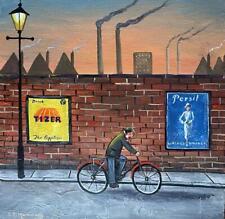 Cycling Home :  Northern Art Oil Painting by Reg Mummery 12" X 12"