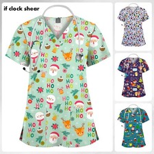 Women Nursing Scrub Tops Printed Medical Uniform Merry Christmas Flowers Shirts