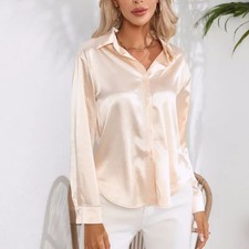 Womens Satin Silk Solid Shirt Ladies Casual Baggy Button-up OL Work Blouse Tops