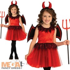 Red Devil Girls Fancy Dress Satan Sinner Halloween Kids Childs Costume Outfit