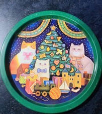 Rare Martin Leman 1986 Tin Christmas Cats Serving Tray  13.5” Round True Vintage