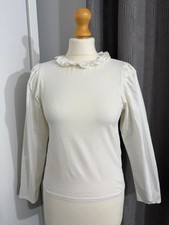 Zara Cream Frill Ruffle Neck Top Long Sleeve Puff Shoulder UK S 8