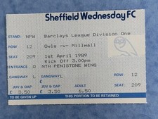 Sheffield Wednesday v Millwall  Match Ticket Barclays Div One 01/04/89