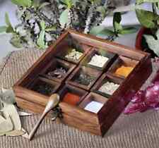 Wooden Spice Box Indian Masala Dabba Tin Spices Storage Spoon Transparent Lid UK