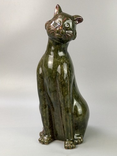 Large pottery green cat h - in, c.h