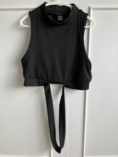 Girls XS approx 11-13yr short black strap round back belly top sleeveless summer