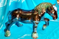 BLUE MOUNTAIN POTTERY LARGE CLYDESDALE HORSE BLUE/GREEN FLOW GLAZE 1970S