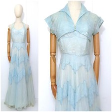 Vintage 1950s Blue Netting Lace Prom Evening Fancy Dress Halloween Costume Dress