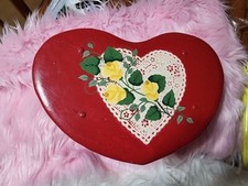 Red Heart Shaped Wood Foot Stool Yellow Rose Hand Painted 13"x 8 x 9