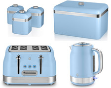 Swan Retro Revive Blue Jug Kettle, 4 Slice Toaster, Breadbin & Canisters Set