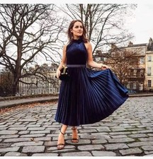 Ted Baker London Cornela Pleated Velvet Midi Dress in Midnight Blue Size 3 Uk 12