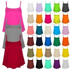 Women's Plain Cami Swing Vest Ladies Sleeveless Strappy Flared Top UK Size 8-24