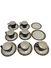 Denby Boston Spa Cups And Saucers Set of 7 Cups Blue And Patterned Rim Preowned