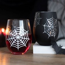Set 2 Spooky Gothic Spiders Web Clear & Black Stemless Wine Drinking Glasses