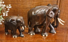CEYLON SET 2 Vintage MACASSAR EBONY Wooden ELEPHANT ORNAMENT/STATUES - 10/15cms