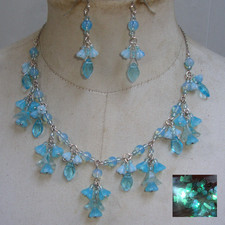 Vintage aqua opalite necklace & earrings, with Czech glass flowers & leaves