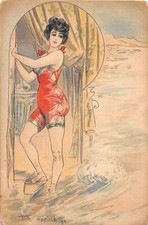 POSTCARD GLAMOUR  ORIGINAL SIGNED JACK ABEILLE  GIRL BATHING MACHINE