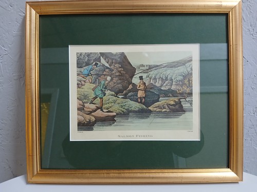 Framed salmon fishing print - framed,