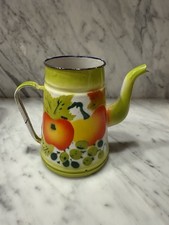 Vintage Hand Painted Enamelware Teapot Fruit Motif Retro Farmhouse Kitchen Decor