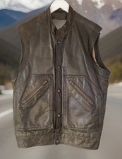 C&A Vintage Khaki Green Real Cowhide Leather Biker Sleeveless Jacket Vest S/M