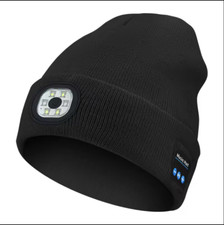 Bluetooth Wireless Headphones & Torch Rechargeable Black Beanie Hat Built-in