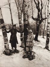 1925 Vintage CANADA French Canadian Girl Snow Shoeing Quebec Landscape Photo Art