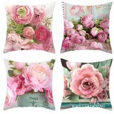 Set of 4 Shabby Chic Throw Pillow Case Pink Rose Flower Decorative Cushion Cover