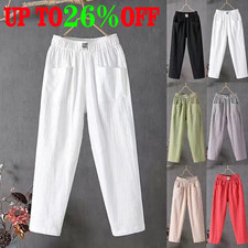 Women's Trousers Summer Linen Cotton Casual Loose Pockets Harem Pants Plus Size.