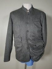 NWOT Nehru Band Collar Gray jacket coat Blazer Faux Suede Leather Collarless