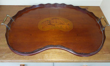 Antique Edwardian inlaid serving drinks tray, kidney, brass handles, shell inlay