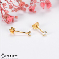 Tiny 18K Gold On 925 Sterling Silver Cubic Zirconia Little Ear Stud Earrings 3MM